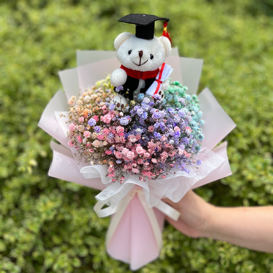 {G1} Rainbow baby's breath with graduation bear