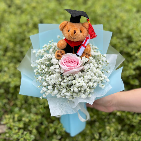 {G2} Single rose & baby's breath with graduation bear