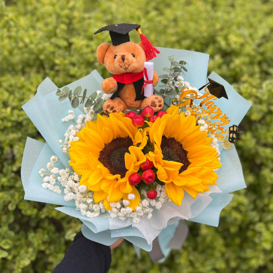 {G7} Graduation- 2 sunflower bouquet w bear