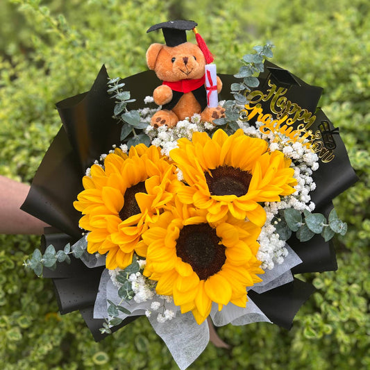 {G8} Graduation- 3 sunflower bouquet w bear